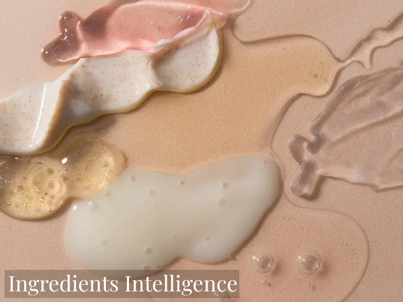 Multiple skincare ingredient textures including serum cream and gel swatches on warm background for skincare ingredient guide