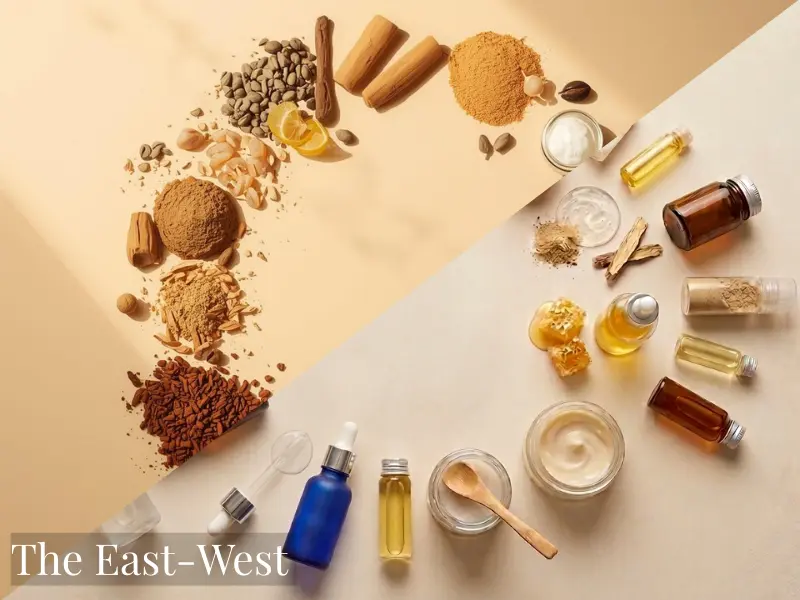 Eastern Ayurvedic spices and herbs alongside Western skincare serums and bottles showing East West skincare comparison