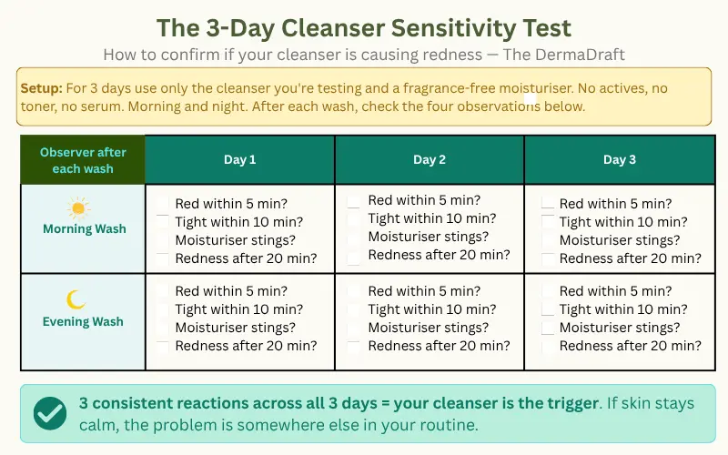 3 day cleanser sensitivity test chart showing four observations to check morning and night to identify if a cleanser causing skin redness