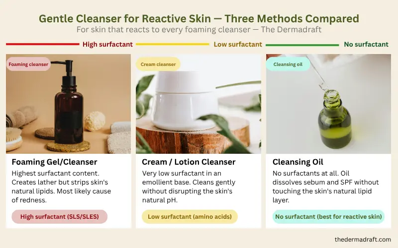 three types of gentle cleanser for reactive skin showing foaming cleanser cream cleanser and cleansing oil side by side on a neutral background