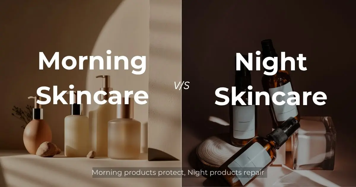 split image showing morning skincare products on the left and night skincare products on the right with text morning skincare vs night skincare for beginners
