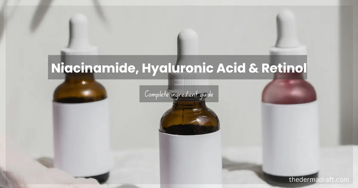 Three skincare serum dropper bottles representing niacinamide, hyaluronic acid, and retinol, complete beginner ingredient guide by The DermaDraft