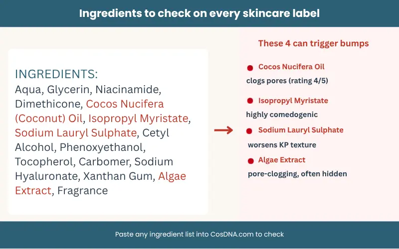 Skincare product ingredient label with pore-clogging comedogenic ingredients highlighted to avoid for rough bumpy skin
