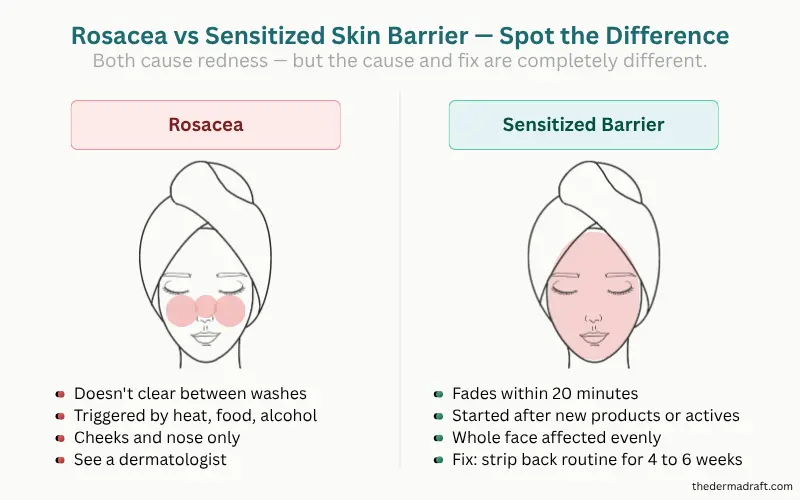 side by side illustration comparing rosacea redness pattern concentrated on cheeks and nose versus sensitized skin barrier redness covering the full face