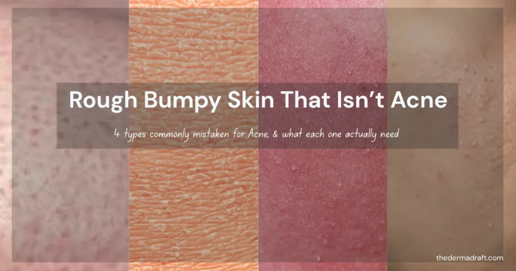 Close-up collage of four skin texture types commonly mistaken for acne, including closed comedones, milia, keratosis pilaris, and dehydrated skin