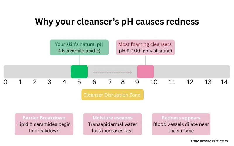 diagram showing skin natural pH range of 4.5 to 5.5 compared to foaming cleansers at pH 9 to 10 causing skin redness and barrier disruption