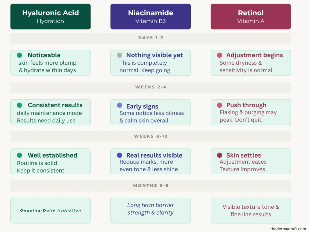 Results timeline infographic for niacinamide, hyaluronic acid, retinol, what to expect from days 1 to 30 as a beginner