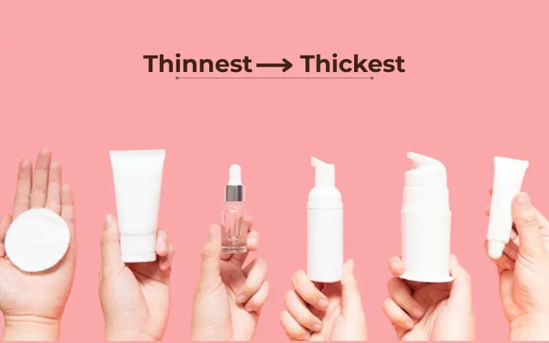 skincare products showing correct application order from thinnest to thickest