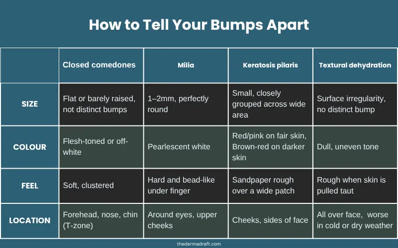 Visual checklist showing how to identify bump type by size, colour, feel, and location on the face