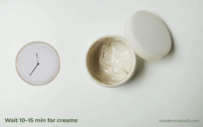 Open moisturiser jar next to a minimalist clock showing how long to wait before applying makeup