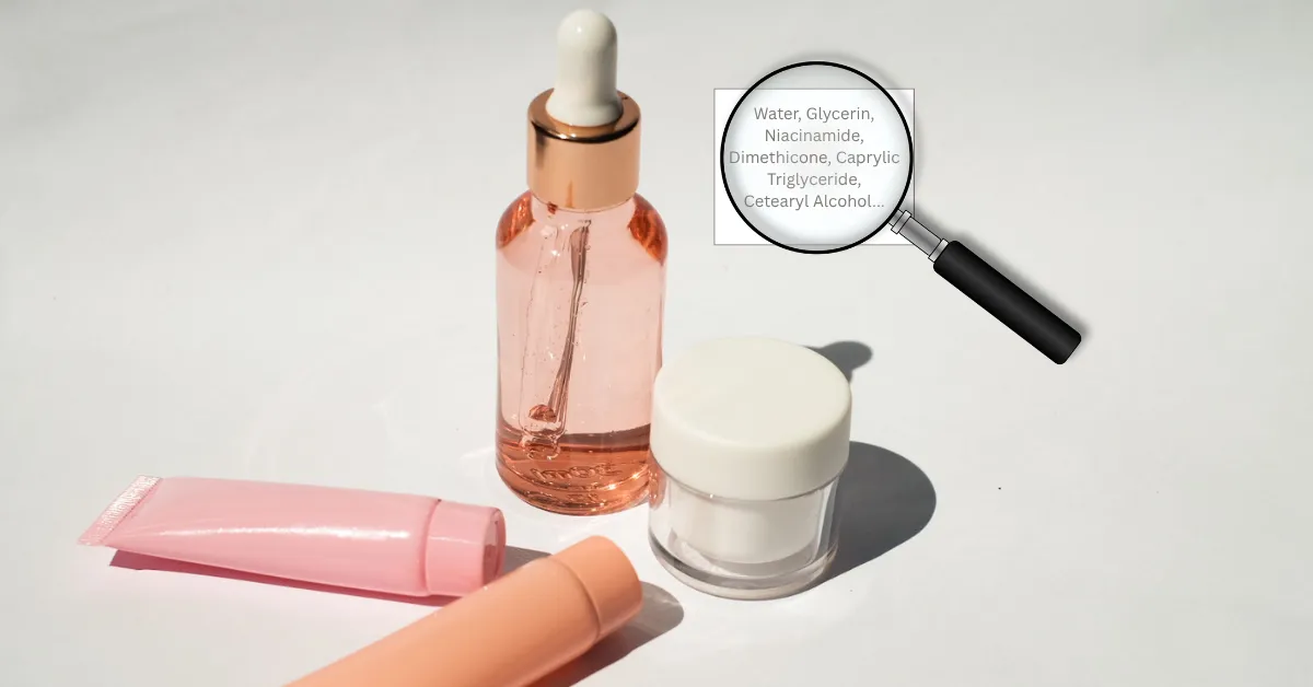skincare products with ingredient list visible showing non-comedogenic label check