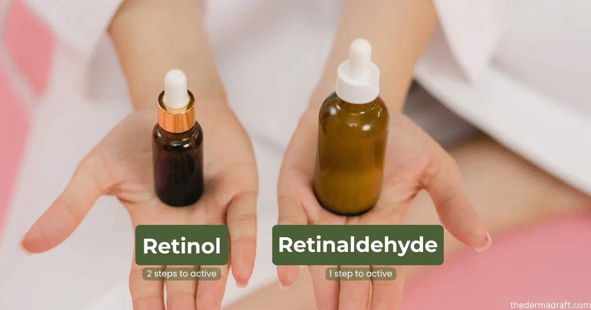 Retinol and retinaldehyde serum bottles side by side showing vitamin A skincare comparison