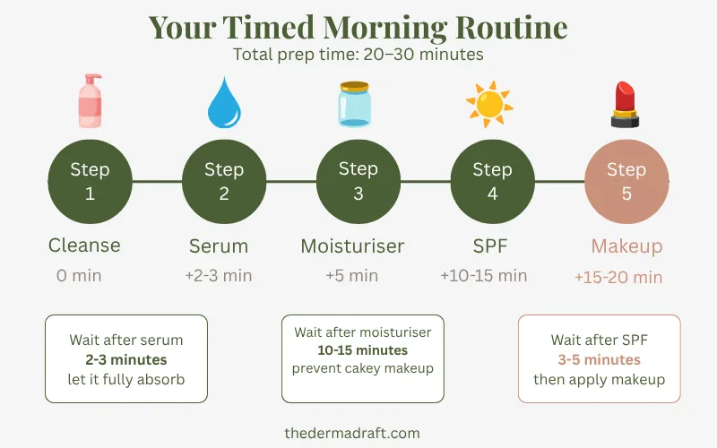 Infographic showing a five-step timed morning skincare routine before makeup application with wait times