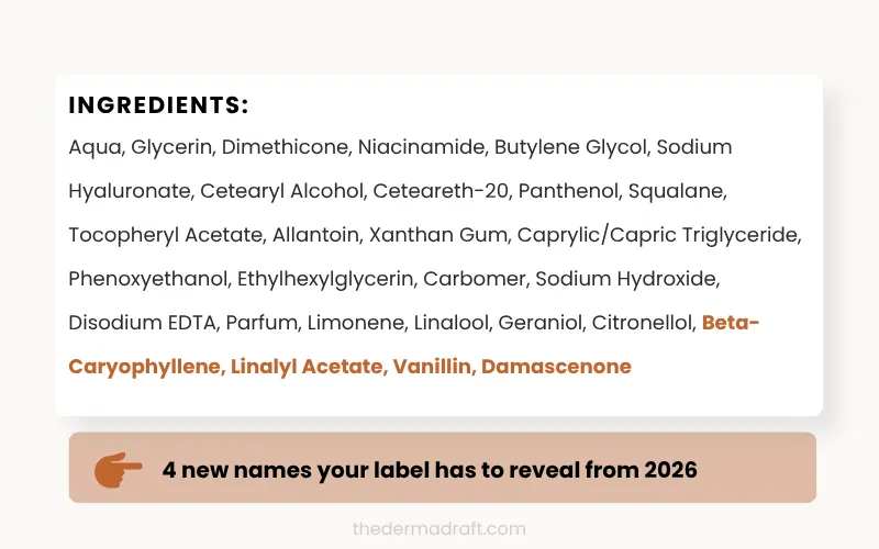 Close-up of a skincare ingredient list highlighting fragrance allergen names